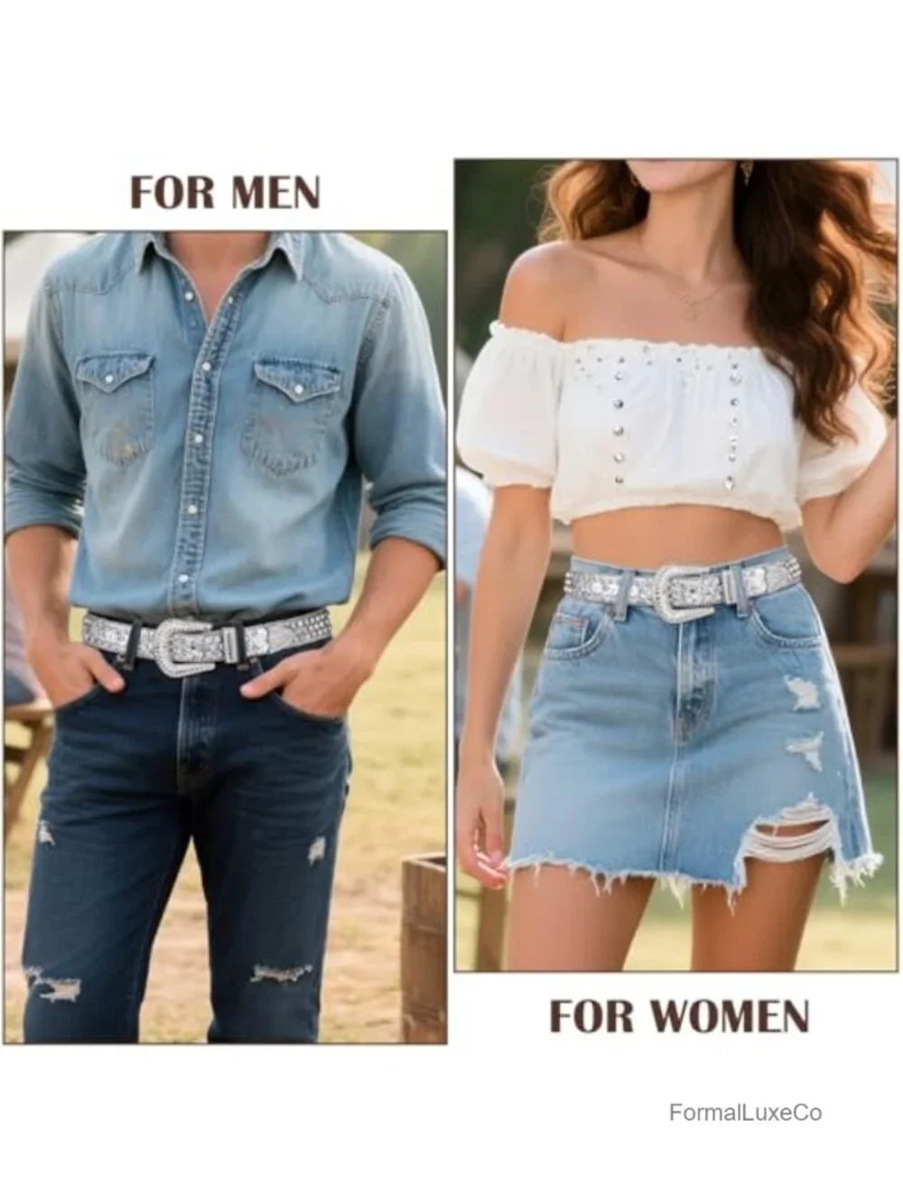 Rhinestone Studded Leather Belt Western Silver Buckle Unisex